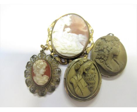 19th Century shell carved cameo brooch, figures in a landscape, cameo portrait pendant, a lava cameo pendant and a lava cameo