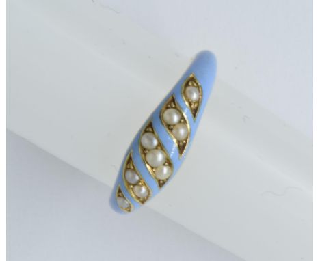 Continental yellow metal enamel decorated and seed pearl set dress ringSinger size K Enamel in good condition 