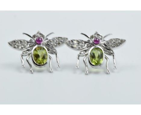 Pair of 18ct white gold large inset style earrings set with oval peridot, cabochon ruby and diamonds 