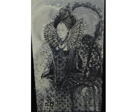 Ink and wash drawing, portrait of Queen Elizabeth I, 8ins x 4.5ins 