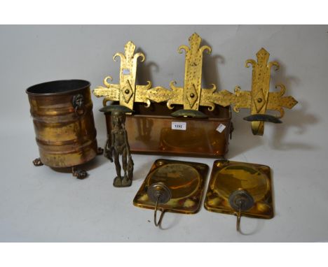 Rectangular copper planter, circular planter, two brass candle sconces, a brass figure and a painted iron hanging coat rackPl