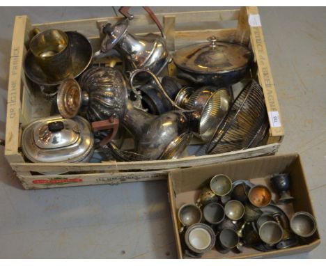 Box containing a quantity of various silver plated items including coffee pots, teapots, egg cups etc. 