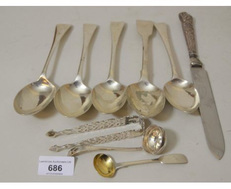 Five various silver table spoons, pair of silver sugar tongs, salt spoon, silver handled knife and small Sheffield silver lad