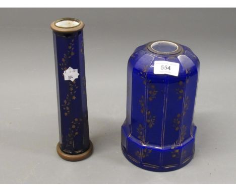 19th Century blue overlaid glass oil lamp, base and stem 