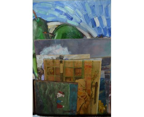 Box containing nine unframed oils, figures seated in a park, portrait of a child and other scenes, largest oils 17ins x 11.5i