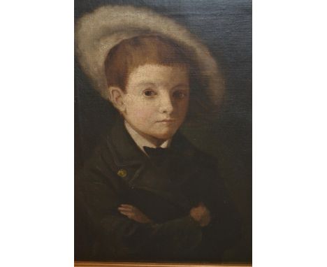 Early 20th Century, oil on canvas, head and shoulder portrait of a boy wearing a white fur hat, 15.5ins x 11.5ins 