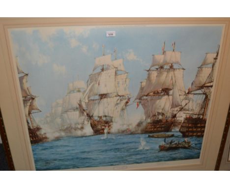 Montague Dawson, signed Limited Edition colour print ' Battle of Trafalgar ', 29ins x 36ins approximately, framed together wi