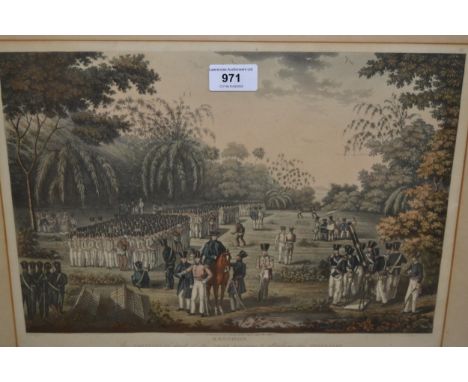 19th Century coloured engraving ' Rangoon, the position of part of the army previous to attacking the stockades ', July 1824,