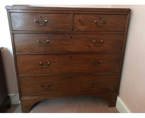 George III mahogany straight front chest of two short and three long graduated drawers with brass swan neck handles and brack