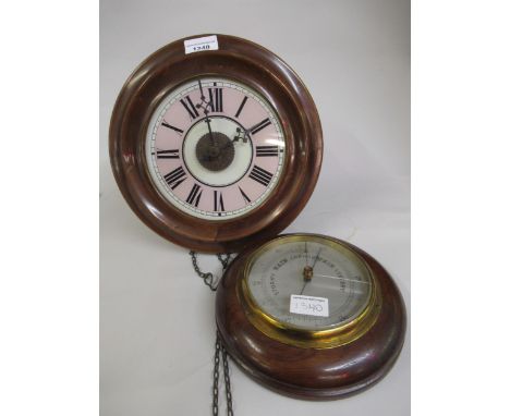 19th Century Continental circular wall clock, the glass dial with Roman numerals, together with a circular oak aneroid barome