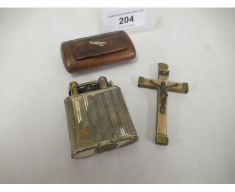 Silver plated cigarette lighter by Dunhill, small 19th Century rosewood snuff box and a small French crucifix 