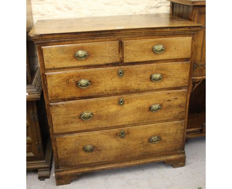 George III mahogany, pine and fruitwood straight front chest of two short and three long drawers with oval brass handles, rai