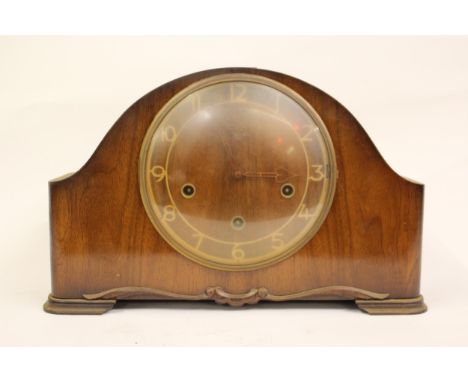 Three train mantel clock, together with an oak aneroid barometer thermometer 