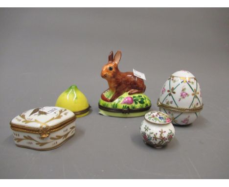 Limoges porcelain trinket box in the form of a rabbit, another similar in the form of a lemon, together with three other vari
