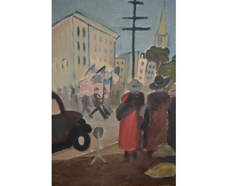 Oil on canvas, possibly 4th July Parade, three figures beside a car watching the passing parade with buildings in the backgro