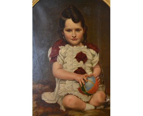 W. Vizard, oil on canvas, portrait of a young girl seated on a fur rug, holding a ball, signed, 28ins x 22ins approximately, 