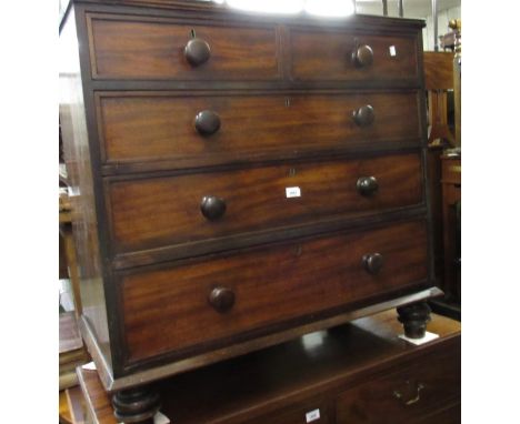 Small 19th Century mahogany straight front chest of two short and three long drawers with knob handles, on turned supports, 3