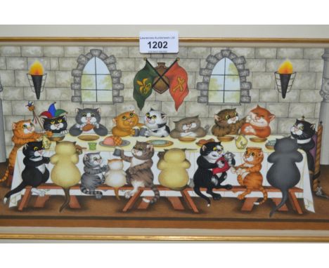 Linda Jane Smith, modern watercolour, group of cats at a medieval banquet, signed with initials L.J.S., 7.5ins x 15.75ins, gi