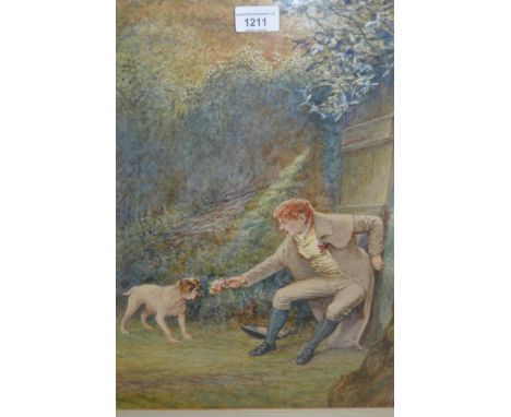 Watercolour, figure seated by a garden gate offering a posy to a Boxer dog, indistinctly signed, possibly M. Barnes ?, 17ins 