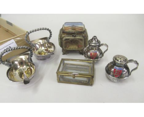 19th Century Continental gilt metal and glass casket form trinket box, two other glass trinket boxes, pair of plated basket f