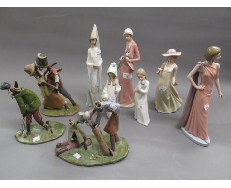 Five various Nao figures together with a small Lladro figure of a girl and three modern pottery groups of stylised figures 