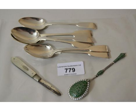 Set of six Victorian silver Fiddle pattern teaspoons, together with a Russian enamel decorated spoon and a silver bladed moth