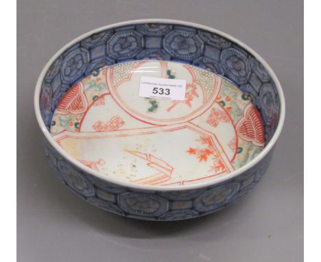 Chinese bowl having gilt and floral enamel decoration, with blue and white borders, 7.25ins diameter 