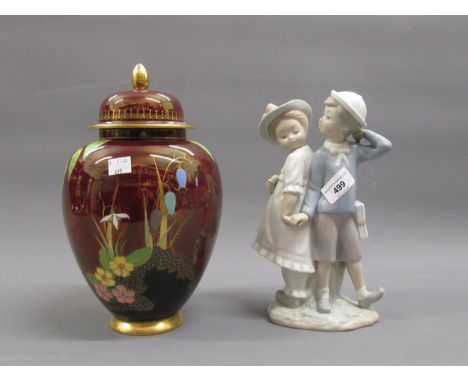 Lladro group of two children, Carltonware jar and cover decorated with stylised flowers on a red lustre ground (repair to rim