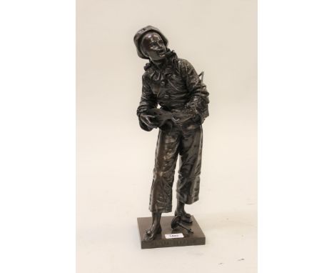 Eutrope Bouret, dark patinated bronze figure of Pierrot playing a mandolin, on a square plinth base, signed in the bronze Bou
