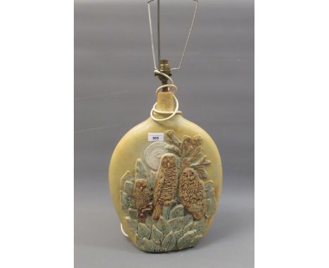 1970's Bernard Rooke pottery table lamp, with shade, with relief moulded owl decoration, 30ins high with shade 