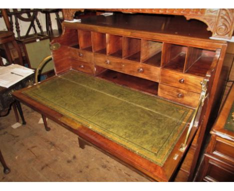 George III mahogany secretaire chest with fitted interior and green leather gilt tooled writing surface, above three long dra