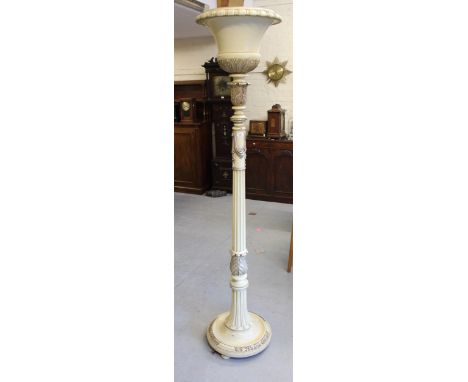 Early 20th Century cream lacquered and silvered carved turned and fluted column lamp standard / uplighter 