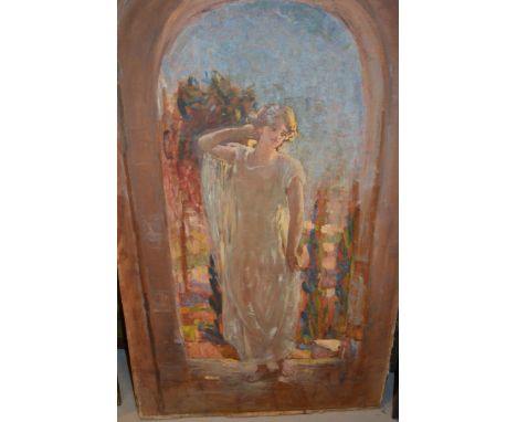 Early 20th Century oil portrait of a young lady standing under an archway, unframedPaper stuck down onto canvas. Some creases