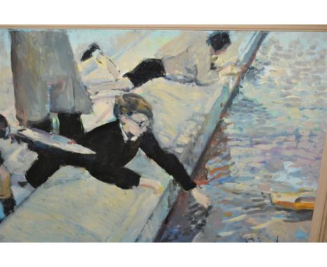 Oil on canvas, boys playing with toy boats by a pond, indistinctly signed, 14ins x 20insGood condition - no problems 
