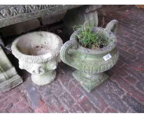 Small pedestal two handled weathered cast concrete garden planter and another planter 