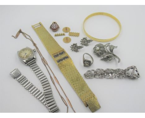 Yellow metal chain, two yellow metal stud clips, a 10ct gold mounted fob, rolled gold bangle,  two wristwatches and a small q