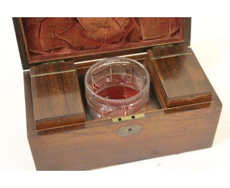 19th Century rosewood three division tea caddy having cut glass mixing bowl 