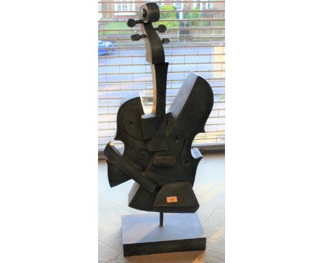 20th Century patinated bronze sculpture in the form of a stylised string instrument, on a rectangular plinth base, 38.5ins hi