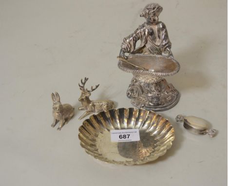 Victorian oval silver trinket dish, silver covered salt in the form of a figure, two small metal figures of animals and a sil