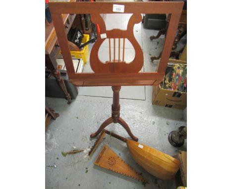 Modern mahogany adjustable music stand, together with a modern lute type instrument (at fault), modern Zither of triangular f