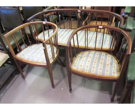 Edwardian mahogany and line inlaid three piece drawing room suite comprising:  two seat sofa and two tub shaped matching chai