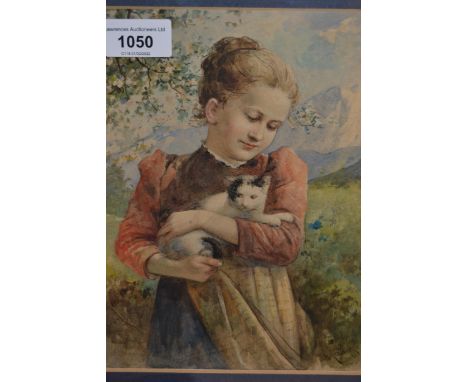 Gustav Krauche, signed watercolour, portrait of a child with a cat, 9ins x 7ins 