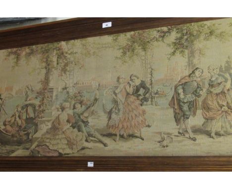 Early 20th Century machine woven tapestry picture, figures on a Venetian quayside, 19ins x 58ins, oak framed 