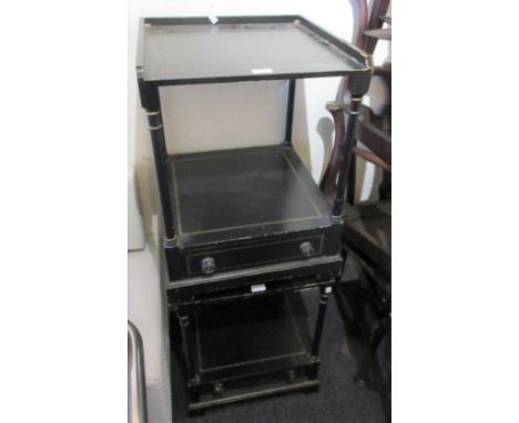 Pair of Julian Chichester black lacquer two tier lamp tables, each with a galleried top on turned supports above a drawer 