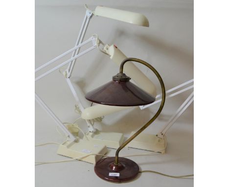 Three Osram Dulux desk lamps, together with a maroon pottery and brass desk lamp 