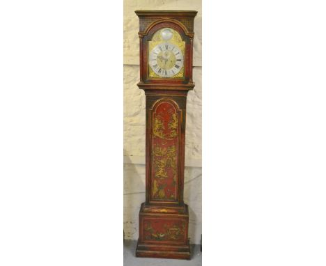 Scarlet chinoiserie lacquer longcase clock, the broken arch hood above an arched panelled door and conforming plinth base, th