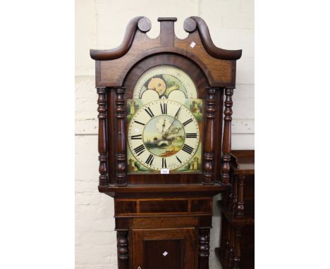 19th Century Welsh oak mahogany crossbanded longcase clock, the arched hood with swan neck pediment above a rectangular panel