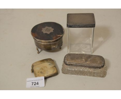 Two silver and glass dressing table boxes, silver vase and silver and tortoiseshell trinket box (all at fault) 