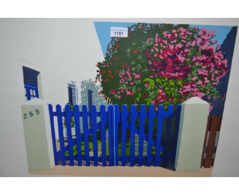 Ilana Richardson, signed colour print ' Blue Gate ' No. 21 of 45, together with a small oak framed watercolour, sunset landsc