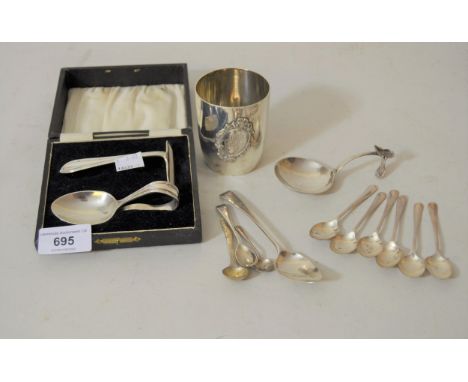 Silver spoon and pusher, cased, Continental white metal beaker and caddy spoon together with other miscellaneous silver coffe